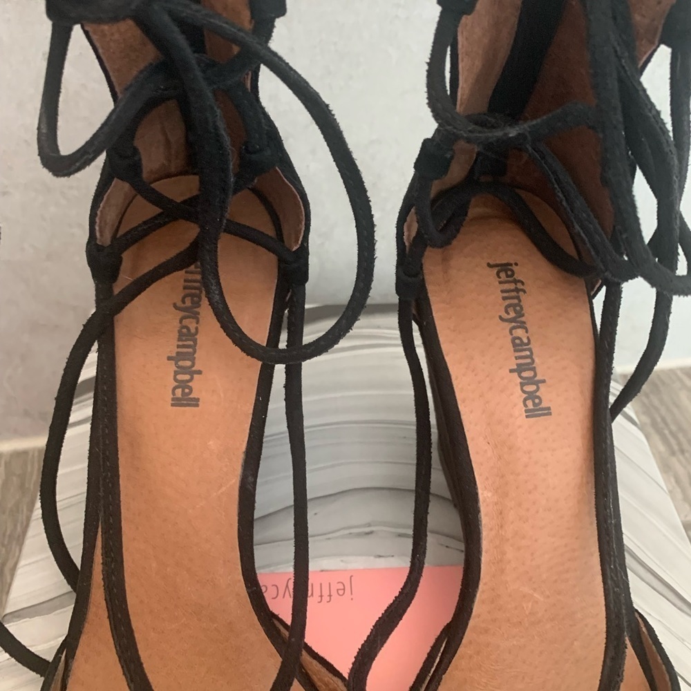 Jeffrey Campbell | Anthropologie Ouvere Black Suede Strappy Wedge Heels, Size 8 - Picture 3 of 8